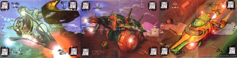 All 12 flyers, depicting three vehicles – the Funk Submarine, Hip Hop Transporter & Drum and Bass Racer. Designed by Chu for Fungle Junk club night at The Steering Wheel, Birmingham 1996