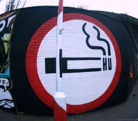 Street piece of one of the new Chu logos, featuring an optical illusion and a smoking cigarette logo rarely seen today since the ban on smoking in every public place. Painted in Digbeth, Birmingham UK during April 2009 just down the road from The Rainbow pub and the Custard Factory