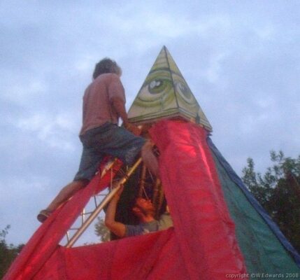 ‘Lies Lies Lies’ mural painted in aerosol by Chu and Mau Mau at Glastonbury Festival 2009 in the Greenpeace field, on the site of the skateramp