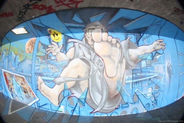 Very large exterior graffiti mural, painted at Southbank skate park, central London by Chu, in honour of the launch of the DVD and BLU-RAY of the movie Watchmen, adapted from the original by Alan Miller and Dave Gibbons